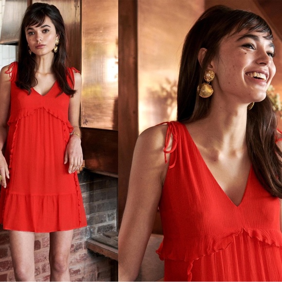 Sézane Robe Albertina Corail Silk Ruffle Trim A-Line Mini Dress Red 36 US-4 - Picture 1 of 8